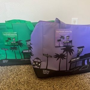 Set of 2 Trader Joe’s insulated bags. One Kelly Green. One lovely lavender. New